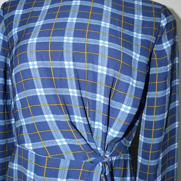 C/MEO Collective Dresses & Skirts - C/MEO Collective | CMEO Twist Front Midi Dress with Side Slit in Blue Plaid